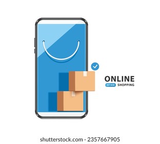 rope or handle of a blue shopping bag on the smartphone screen And there is a parcel box or cardboard box placed in front, vector 3d isolated for e commerce, delivery, online shopping concept