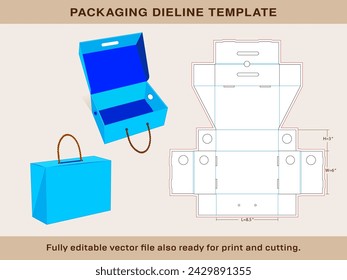 Rope Handle Shoe Box Die line template of Mini size 8.5 x 6 x 3 Inches | One piece corrugated shoebox die line template
