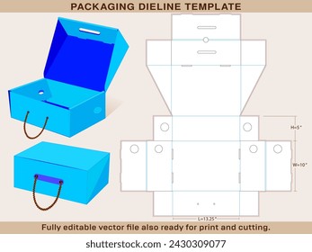 Rope Handle Shoe Box Die line of Large size 13.25 x 10 x 5 Inch | One piece corrugated shoebox die line template