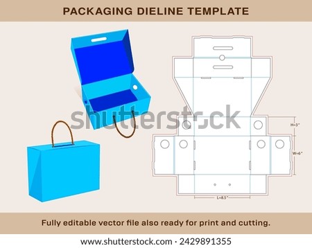 Rope Handle Shoe Box Die line template of Mini size 8.5 x 6 x 3 Inches | One piece corrugated shoebox die line template