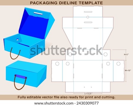 Rope Handle Shoe Box Die line of Large size 13.25 x 10 x 5 Inch | One piece corrugated shoebox die line template