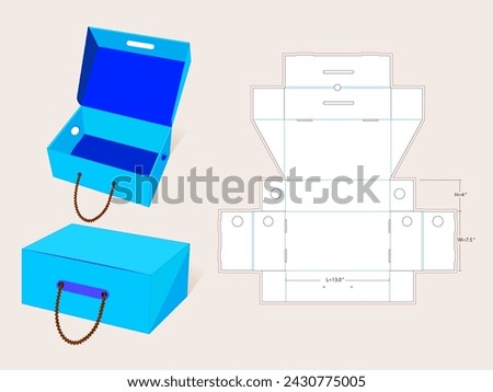 Rope Handle Shoe Box Die line template of Medium size 13 x 7.5 x 4 Inch | One piece corrugated shoebox die line template