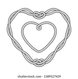 Rope heart frames. Black and white vector illustration