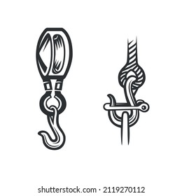Rope hook. Design element.  Black and white vector illustration.