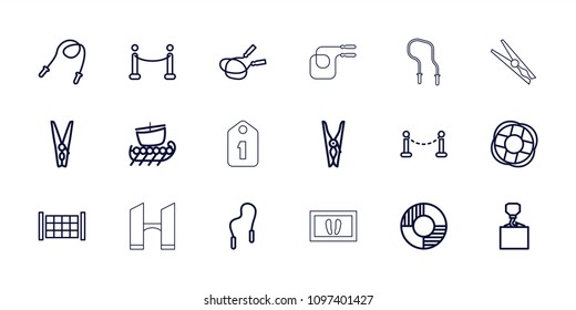 Rope icon. collection of 18 rope outline icons such as fence, cloth pin, hook with cargo, red carpet, lifebuoy, water military, bridge. editable rope icons for web and mobile.