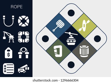  rope icon set. 13 filled rope icons. Simple modern icons about  - Cableway, Reminder, Crane, Price tag, Jumping rope, Lifesaver, Kayak, Net, Carabiner, Pulley