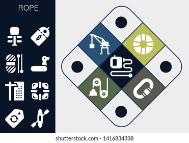 rope icon set. 13 filled rope icons.  Simple modern icons about  - Extending leads, Label, Kayak, Crane, Lifesaver, Wool, Rubber ring, Exercise, Price label, Pulley, Carabiner