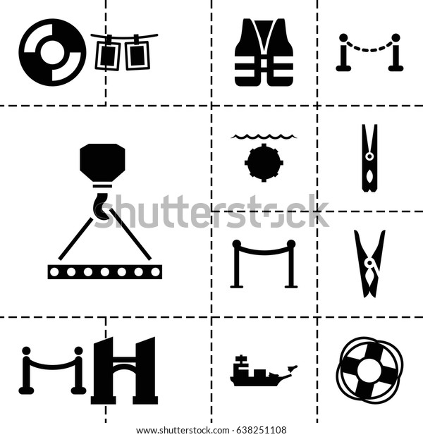 Rope icon. set of 13 filled ropeicons\
such as fence, bridge, red carpet barrier, cloth pin, hook with\
cargo, photos on rope, red carpet, lifebuoy, life\
vest