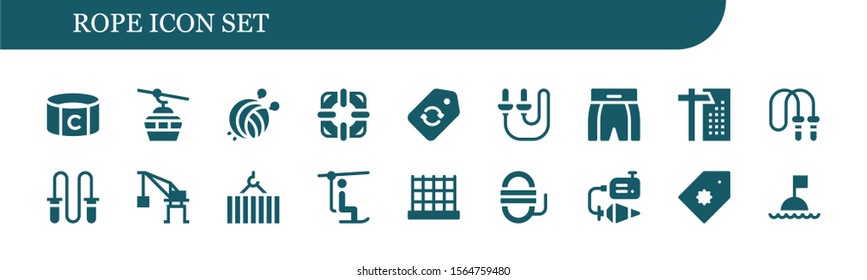 rope icon set. 18 filled rope icons.  Collection Of - Captain, Cableway, Yarn ball, Lifesaver, Label, Skip rope, Boxing shorts, Crane, Jumping Chairlift, Net, icons