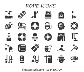 rope icon set. 30 filled rope icons.  Simple modern icons about  - Prairie, Rope, Kayak, Sailor, Label, Net, Yarn ball, Extending leads, Lifesaver, Memorize, Crane, Exercise, Boxing shorts