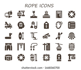 rope icon set. 30 filled rope icons. Included Plumb bob, Crane, Buoy, Death penalty, Lifesaver, Memorize, Pulley, Price tag, Carabiner, Reminder, Rubber ring, Kayak, Chairlift icons