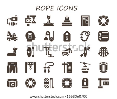 rope icon set. 30 filled rope icons. Included Plumb bob, Crane, Buoy, Death penalty, Lifesaver, Memorize, Pulley, Price tag, Carabiner, Reminder, Rubber ring, Kayak, Chairlift icons