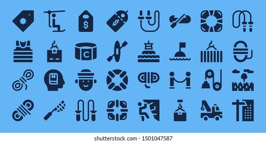 rope icon set. 32 filled rope icons. on blue background style Collection Of - Price tag, Sailor, Rope, Chairlift, Crane, Memorize, Net, Captain, Jumping Price label, Kayak