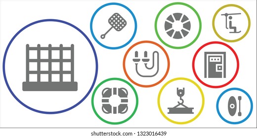 rope icon set. 9 filled rope icons.  Simple modern icons about  - Net, Lifesaver, Crane, Skip rope, Death penalty, Chairlift, Kayak