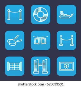 Rope icon. set of 9 outline rope icons such as fence, bridge, Red carpet barrier, foot carpet, red carpet, lifebuoy