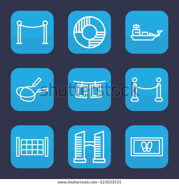 Rope icon. set\
of 9 outline rope icons such as fence, bridge, Red carpet barrier,\
foot carpet, red carpet,\
lifebuoy