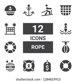 rope icon set. Collection of 12 filled rope icons included Lifesaver, Label, Wool, Punching ball, Buoy, Anchor, Net, Volleyball net, Sailor, Climbing