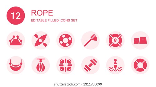 rope icon set. Collection of 12 filled rope icons included Red carpet, Kayak, Lifesaver, Net, Hammock, Punching ball, Gym, Buoy