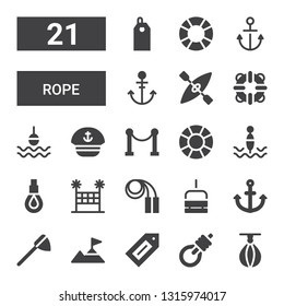 rope icon set. Collection of 21 filled rope icons included Punching ball, Gallows, Label, Climbing, Net, Anchor, Chairlift, Jumping rope, Volleyball net, Buoy, Lifesaver