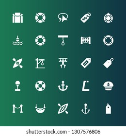 rope icon set. Collection of 25 filled rope icons included Price tag, Anchor, Kayak, Hammock, Red carpet, Sailor, Gym, Lifesaver, Punching ball, Label, Puppet, Gallows, Net, Rope