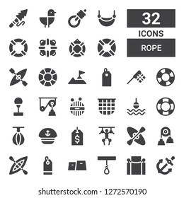 rope icon set. Collection of 32 filled rope icons included Anchor, Red carpet, Rope, Gym, Price tag, Kayak, Pulley, Puppet, Label, Sailor, Punching ball, Lifesaver, Buoy, Net