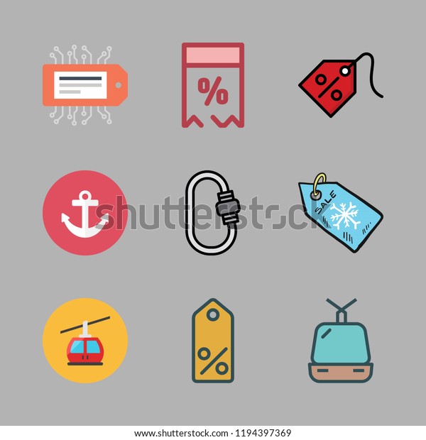 rope icon set. vector set about\
anchor, tag, cable car cabin and carabiner icons\
set.
