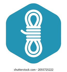 Rope Icon. A White Silhouette Of A Bundle Of Rope Or Twine On A Blue Hexagon. Vector Illustration Isolated On A White Background For Design And Web.