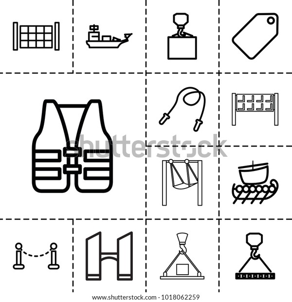Rope icons. set of 13 editable outline rope icons\
such as fence, tag, hook with cargo, skipping rope, life vest,\
water military, bridge