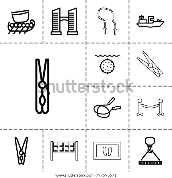 Rope icons.\
set of 13 editable outline rope icons such as bridge, cloth pin,\
hook with cargo, water military,\
fence