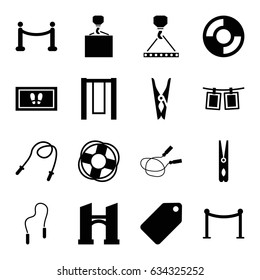 Rope icons set. set of 16 rope filled icons such as bridge, tag, red carpet barrier, cloth pin, foot carpet, hook with cargo, red carpet, lifebuoy