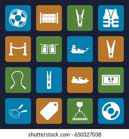 Rope icons set. set of 16 rope filled icons such as fence, tag, cloth pin, foot carpet, hook with cargo, red carpet, lifebuoy, life vest