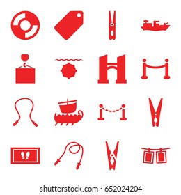 Rope icons set. set of 16 rope filled icons such as fence, bridge, tag, cloth pin, foot carpet, hook with cargo, red carpet, lifebuoy