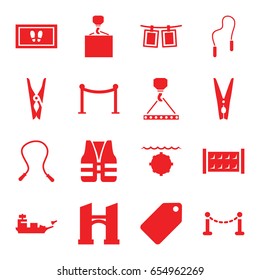Rope icons set. set of 16 rope filled icons such as fence, bridge, tag, red carpet barrier, cloth pin, foot carpet, hook with cargo, life vest