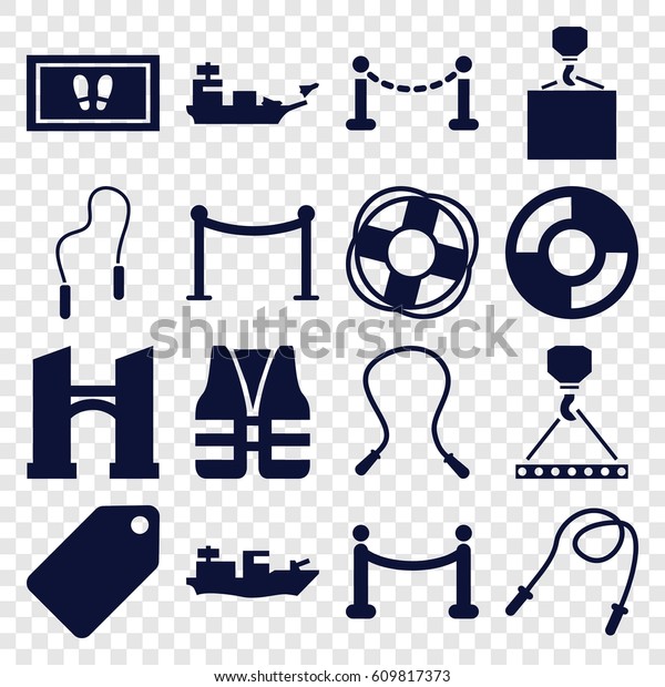 Rope icons set. set of\
16 rope filled icons such as fence, bridge, tag, Red carpet\
barrier, foot carpet, hook with cargo, red carpet, skipping rope,\
lifebuoy, life vest