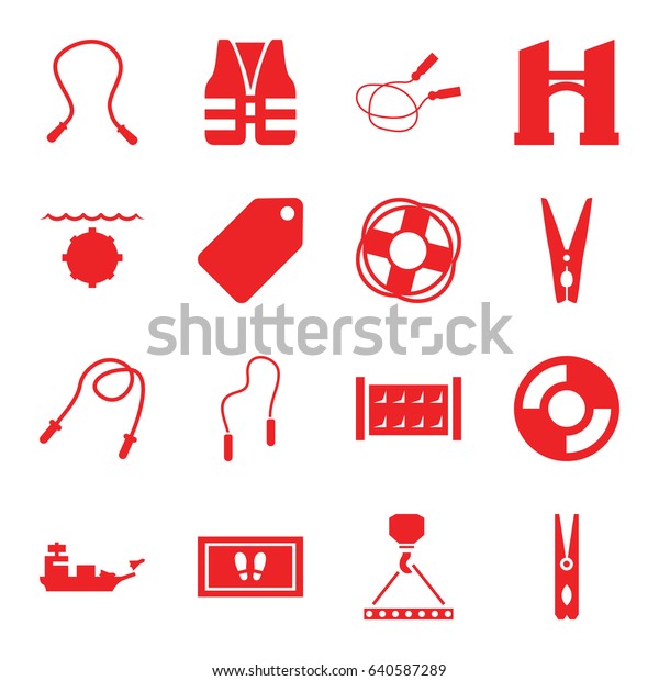 Rope icons set. set of 16 rope filled icons such as\
fence, bridge, tag, cloth pin, foot carpet, hook with cargo,\
lifebuoy, life vest
