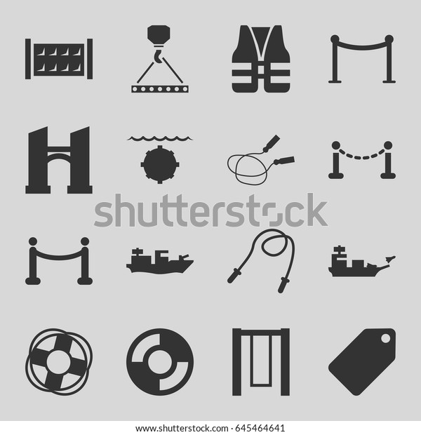 Rope icons set. set of 16 rope\
filled icons such as fence, bridge, tag, red carpet barrier, hook\
with cargo, red carpet, lifebuoy, life vest, water\
military