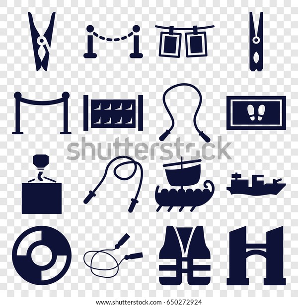 Rope icons set. set of 16 rope filled icons\
such as fence, bridge, red carpet barrier, cloth pin, foot carpet,\
hook with cargo, lifebuoy, life\
vest