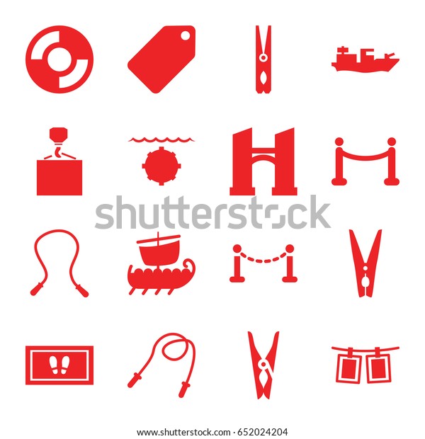 Rope icons set. set of 16 rope filled icons such\
as fence, bridge, tag, cloth pin, foot carpet, hook with cargo, red\
carpet, lifebuoy