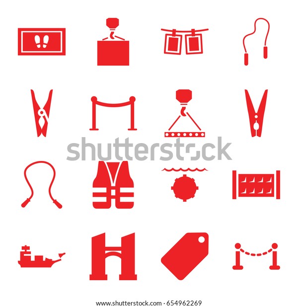 Rope icons set. set of 16 rope filled icons such as\
fence, bridge, tag, red carpet barrier, cloth pin, foot carpet,\
hook with cargo, life\
vest