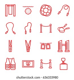 Rope icons set. set of 16 rope outline icons such as bridge, red carpet barrier, cloth pin, foot carpet, hook with cargo, red carpet, lifebuoy, life vest, water military