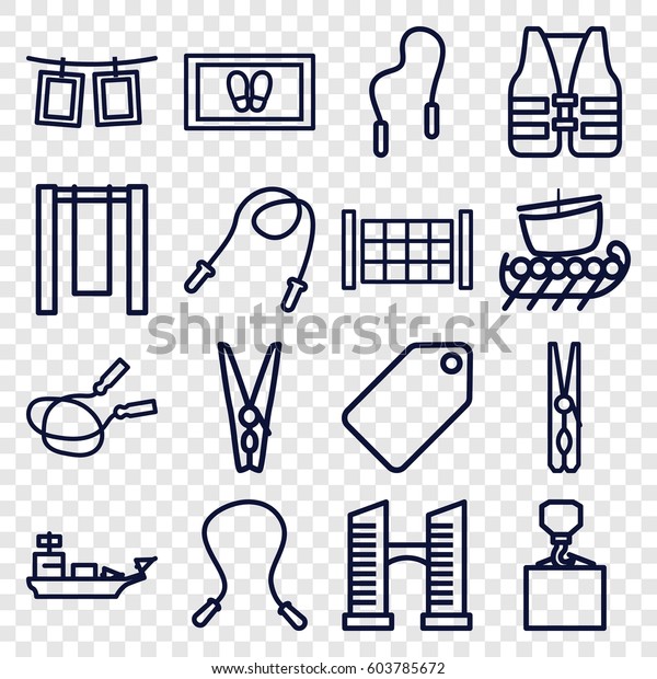 Rope icons set. set of 16 rope outline icons\
such as fence, bridge, tag, cloth pin, foot carpet, hook with\
cargo, life vest, water\
military