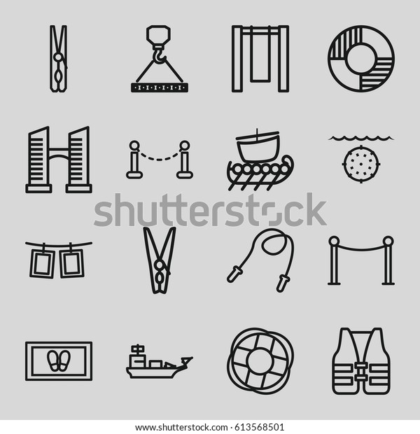 Rope icons set. set of 16 rope\
outline icons such as fence, bridge, Red carpet barrier, cloth pin,\
foot carpet, hook with cargo, lifebuoy, life vest, water\
military
