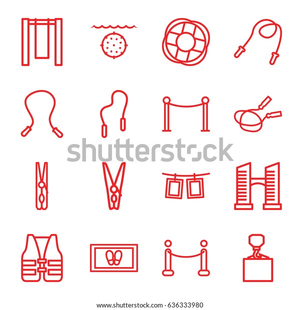 Rope icons set. set\
of 16 rope outline icons such as bridge, red carpet barrier, cloth\
pin, foot carpet, hook with cargo, red carpet, lifebuoy, life vest,\
water military