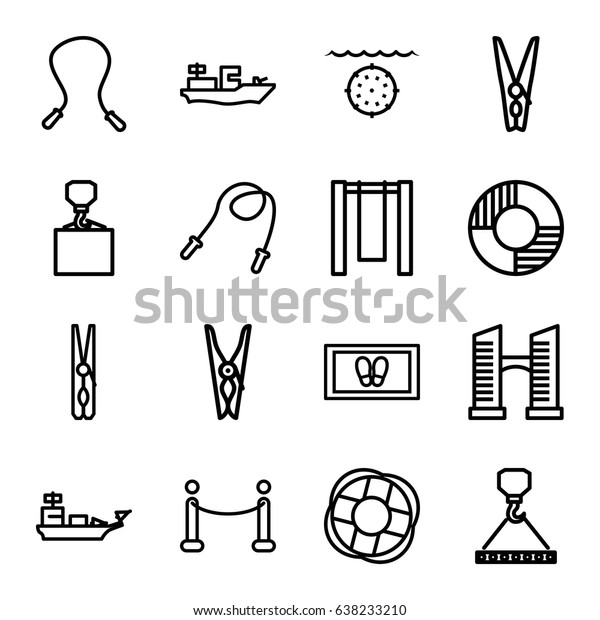 Rope icons set. set of 16 rope outline icons such\
as bridge, cloth pin, foot carpet, hook with cargo, red carpet,\
lifebuoy, water military,\
swing