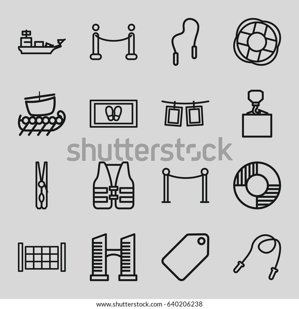 Rope icons set. set of 16\
rope outline icons such as fence, bridge, tag, red carpet barrier,\
cloth pin, foot carpet, hook with cargo, red carpet, lifebuoy, life\
vest