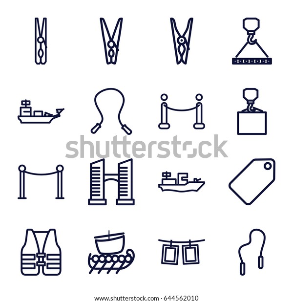Rope icons set. set of 16 rope outline icons such as\
bridge, tag, red carpet barrier, cloth pin, hook with cargo, red\
carpet, life vest