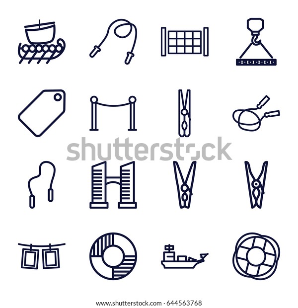 Rope icons set. set of 16 rope outline icons\
such as fence, bridge, tag, red carpet barrier, cloth pin, hook\
with cargo, lifebuoy