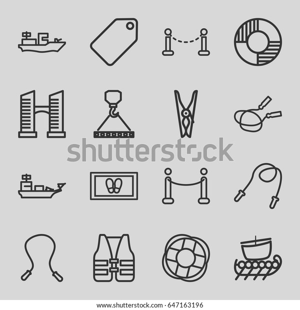 Rope icons set. set of 16 rope outline icons such as\
fence, bridge, tag, cloth pin, foot carpet, hook with cargo, red\
carpet, lifebuoy, life\
vest