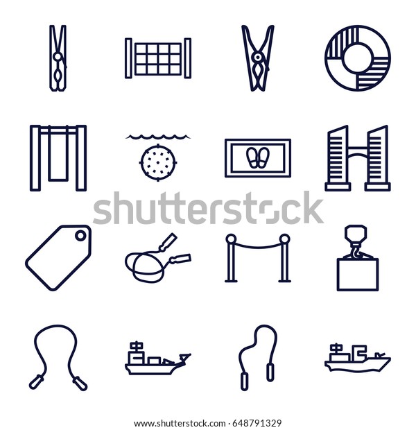 Rope icons set. set of 16 rope
outline icons such as fence, bridge, tag, red carpet barrier, cloth
pin, foot carpet, hook with cargo, lifebuoy, water
military