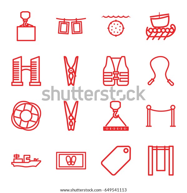 Rope icons set. set of 16 rope\
outline icons such as bridge, tag, red carpet barrier, cloth pin,\
foot carpet, hook with cargo, lifebuoy, life vest, water\
military
